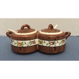 VTG Orchard Ware Brown Floral‎ Hand Painted Lidded Condiment Server w/Spoons